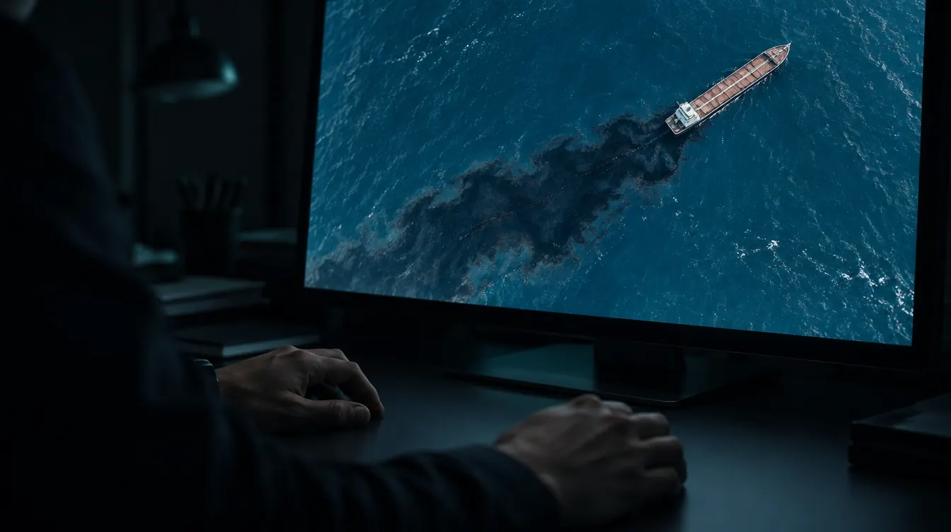 Un investigador revisa en un monitor imágenes de satélite de un buque y una mancha
