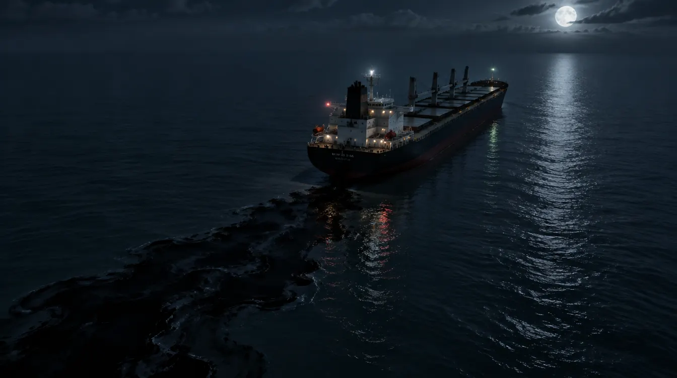 A cargo ship at night trailing a dark plume across calm water