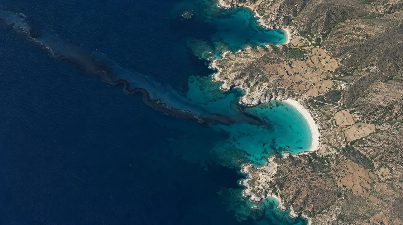 Vista por satélite de la costa de una isla con una mancha oscura de petróleo que deriva hacia una bahía de arena