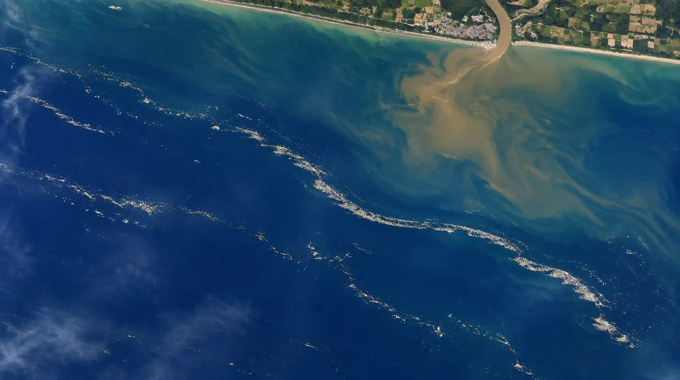 Vista por satélite de basura flotante que se acumula en líneas frente a la desembocadura de un río
