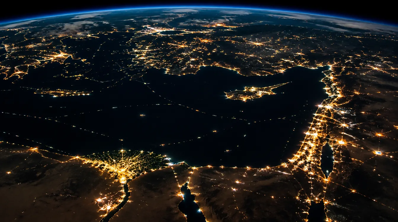Orbital night view of the Eastern Mediterranean with the curve of the Earth, city lights and shipping lanes