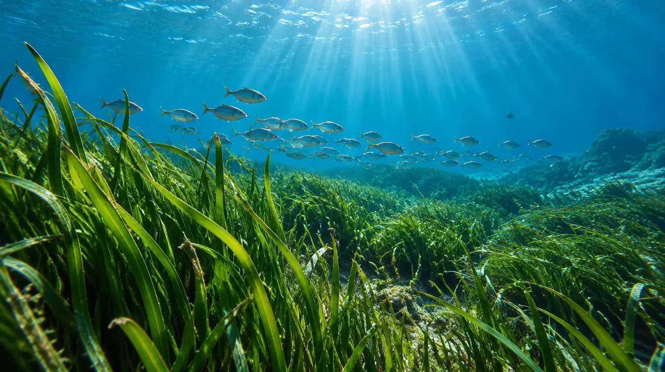 Una pradera marina sana con un banco de peces