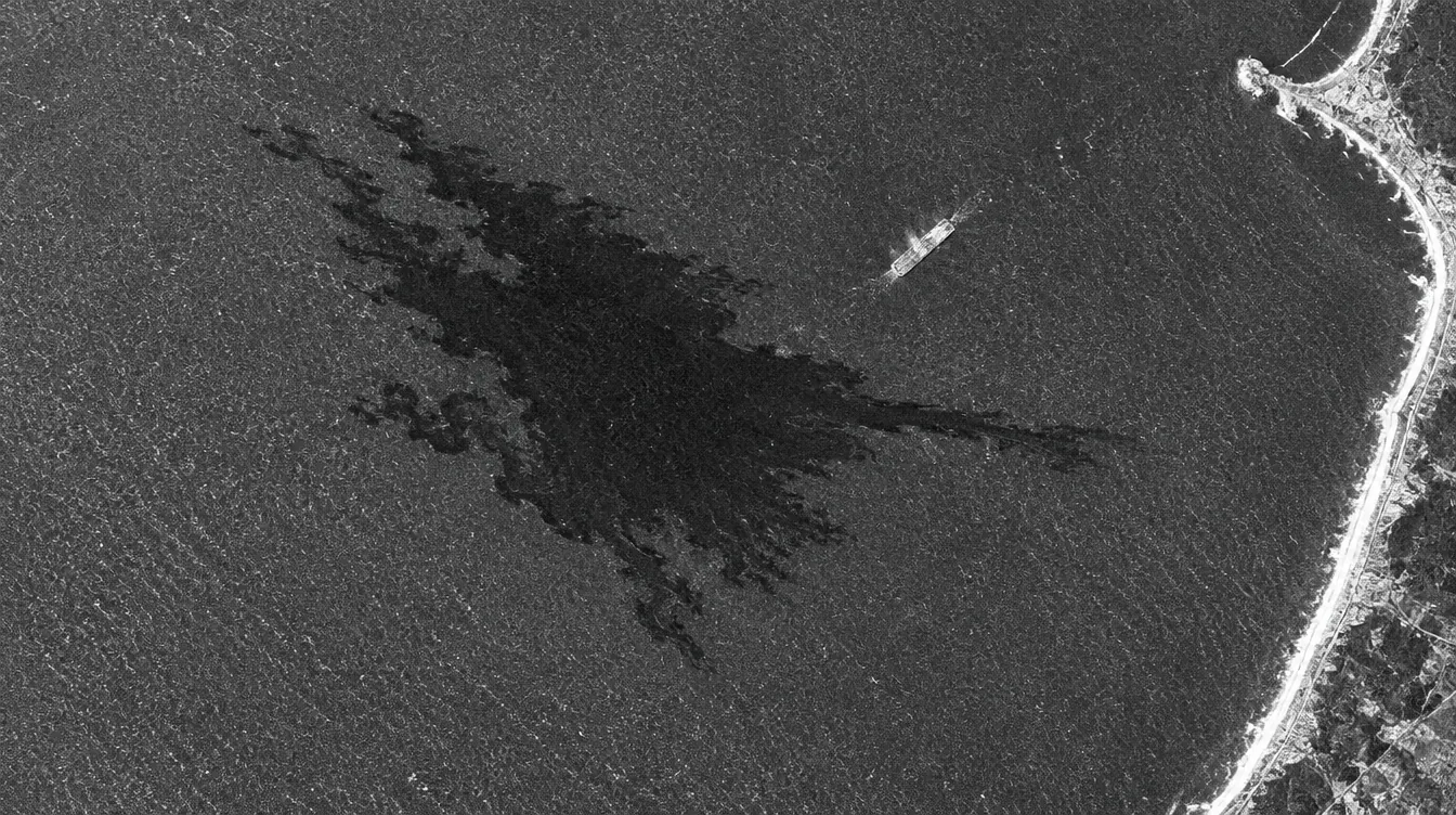 Radar satellite image of a large dark slick near a coastline, with a ship nearby