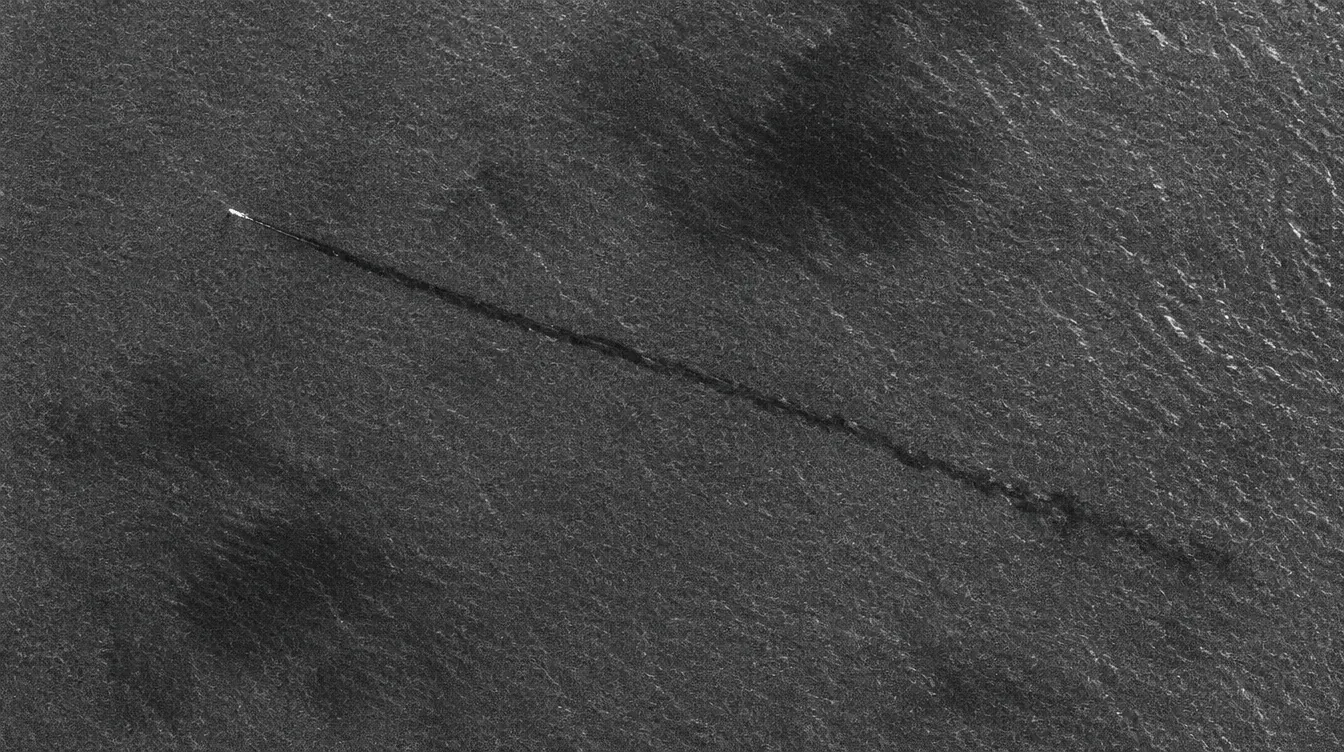 Radar satellite image of the sea with several dark patches and a ship trailing a long dark discharge streak