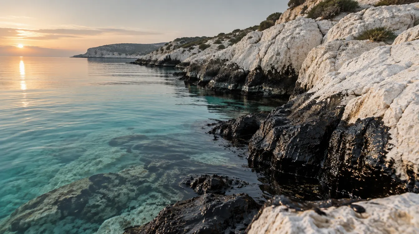 Costa de piedra caliza blanca al amanecer, con una franja oscura de petróleo a lo largo de la orilla