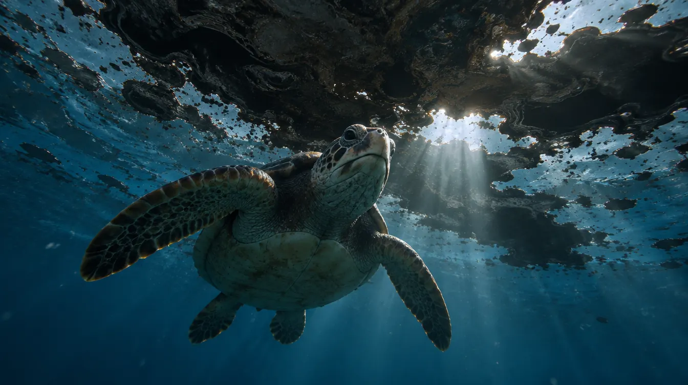 Una tortuga boba nadando bajo una mancha oscura de petróleo
